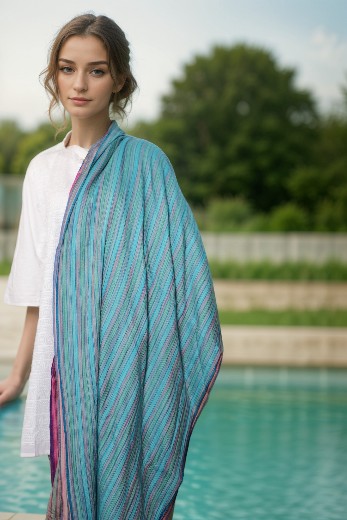 Aqua Blue Striped Pashmina Shawl-ABSP31