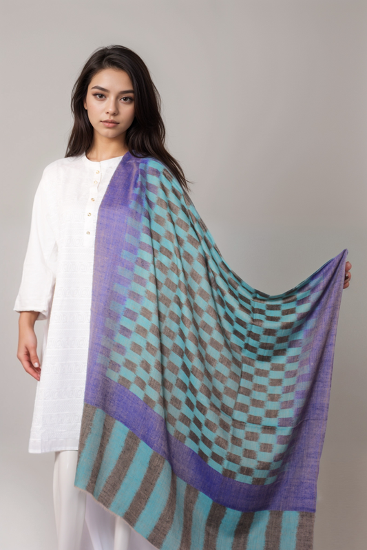 Pattern of heritage Ikat Pashmina shawl with solid checks- PIPS04